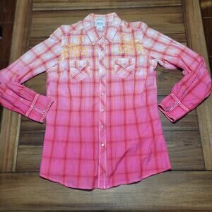 Ariat LS Pink Plaid Full Snap Ladies Western Shirt w/ Embroidery - Size Large